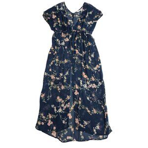 NY & Co Sheer Cover Up Maxi Dress Womens S M Blue Floral Cap Sleeve Beach Vaca